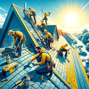 Create-an-image-depicting-roof-repair-in-action-featuring-a-team-of-professional-roofers-working-diligently-on-a-sloped-roof-of-a-residential.